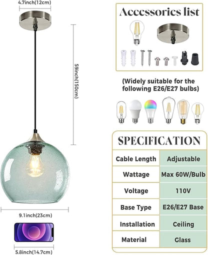 Large Light Green Glass Pendant Light for Kitchen Island, Includes 1 Bulb & 4.92FT Adjustable Cord, Modern Ceiling Pendant Lights for Kitchen, Dining Room, Living Room (9.1in)