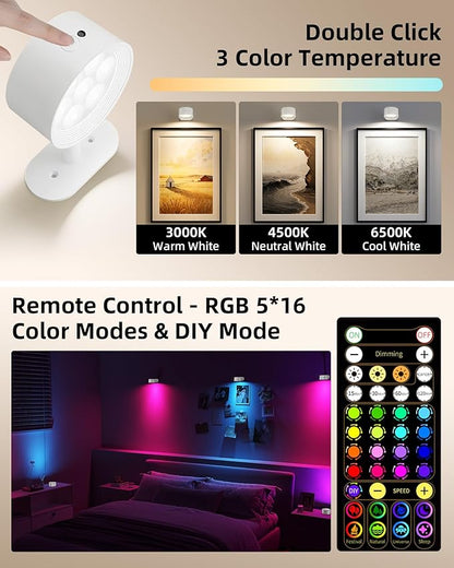 Picture Lights for Wall, 2000mAh Rechargeable Magnetic Art Lights with 3 Color Temps & RGB, Remote Dimmable Battery Operated Wall Light for Bedroom, Living Room, Gallery (White, 3 Pack)