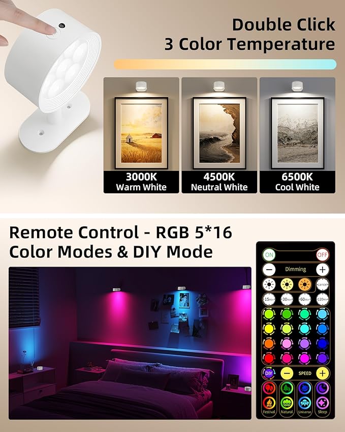 Picture Lights for Wall, 2000mAh Rechargeable Magnetic Art Lights with 3 Color Temps & RGB, Remote Dimmable Battery Operated Wall Light for Bedroom, Living Room, Gallery (White, 6 Pack)
