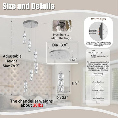 ykolupty H78 Pendant Lights Kitchen Island 6-Lights Pendant Chandelier for Dining Room Hallway Stairwell,LED Dimmable 2700K-6000K (Silver Chandelier)