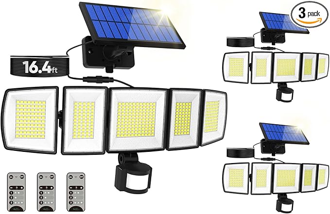 MDCMDCM Solar Motion Lights Outdoor - with 16.4ft Cable, 3000LM LED Security Lights for Outside Dusk to Dawn, 2400mAh IP65 Waterproof Flood Lights with Remote for Court Yard Garage Front Door