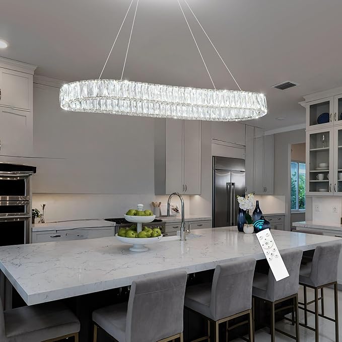 HAIXIANG LED Long Chandeliers for Dining Table Modern Chandelier Dimmable Pendant Lights Crystal Rectangular Glam Lighting Fixtures for Dining Room Kitchen Island Silver