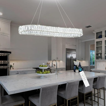 HAIXIANG LED Long Chandeliers for Dining Table Modern Chandelier Dimmable Pendant Lights Crystal Rectangular Glam Lighting Fixtures for Dining Room Kitchen Island Silver