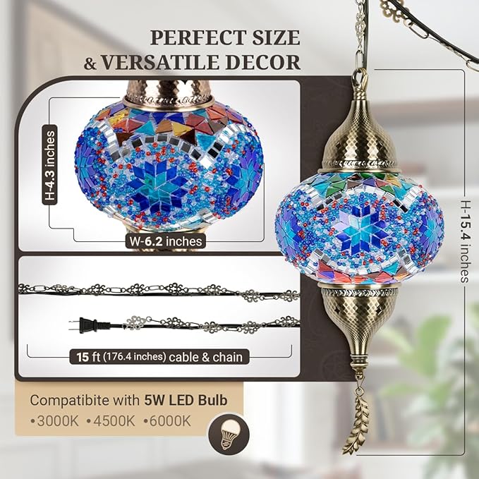 Turkish Moroccan Mosaic Pendant Light - Handcrafted Tiffany Style Swag Lamp with 15ft Cord, Vintage Glass Ceiling Fixture Lighting for Mediterranean Decor (Blue1)