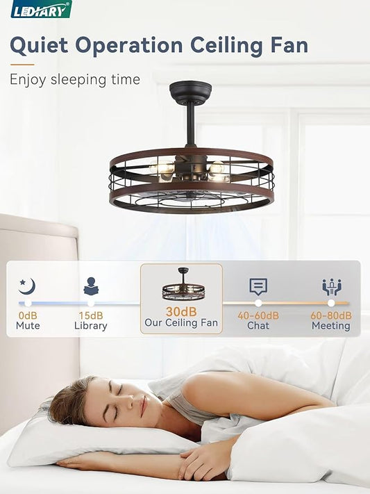 LEDIARY 22 inch Caged Ceiling Fan with Light, Fandelier Industrial Ceiling Fan with Remote, Farmhouse Fan Lights Ceiling Fixtures for Kitchen, Bedroom, Outdoor（6 Speed, Timing）-Walnut