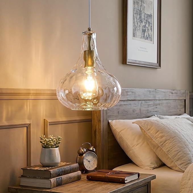 Modern Glass Pendant Light 9.44 in Clear Hammered Glass Shade Gold Farmhouse Island Pendant Lights for Kitchen Pendant Lighting Over Sink Bedroom Dining Room (1 Pack)