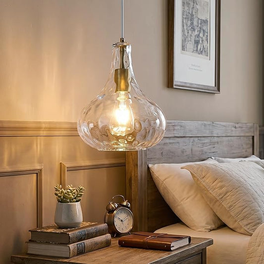 Modern Glass Pendant Light 9.44 in Clear Hammered Glass Shade Gold Farmhouse Island Pendant Lights for Kitchen Pendant Lighting Over Sink Bedroom Dining Room (1 Pack)