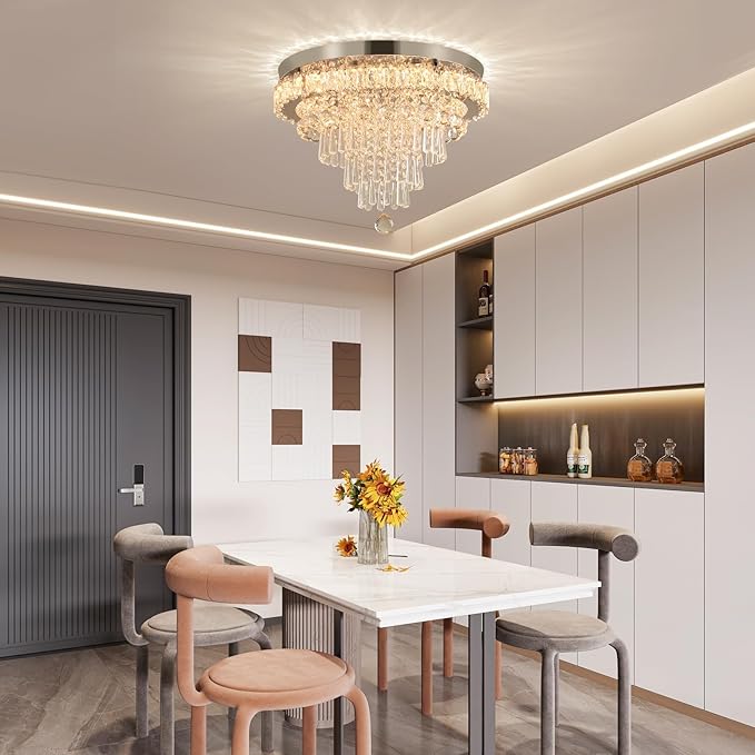 FRIXCHUR Crystal Chandeliers LED Crystal Ceiling Light Fixture with Remote Large Flush Mount Chandelier Ceiling Light for Living Room Bedroom Kitchen (Dimmable)