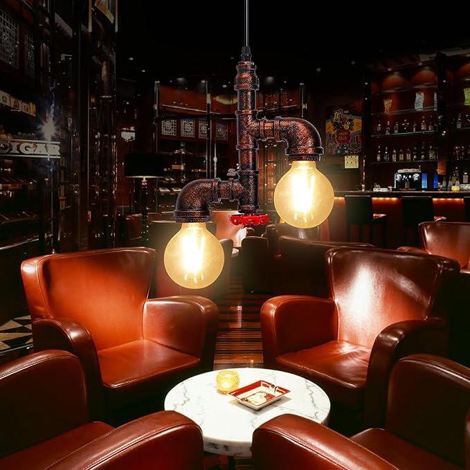 Kawell Vintage Pendant Light Fixtures Industrial Retro Ceiling Chandelier Creative Water Pipe Hanging Light Fixtures Art Deco Iron E26 60W Max for Bedroom Cafe Bar Restaurant Kitchen, Rust Color