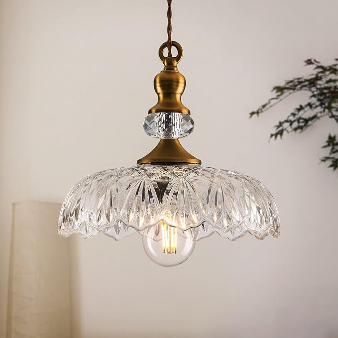 CVKASH Vintage Glass Pendant Light Fixture Brass Modern Adjustable Chandelier Farmhouse Hanging Light for Hallway Porch Kitchen Bedroom Coffee Shop Dining Room Island
