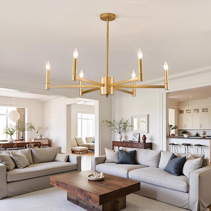 ASGYISA 6-Light Gold Candle Chandeliers Modern Farmhouse Ceiling Light Fixture Industrial Lighting for Dining Room Living Room Bedroom Kitchen Island Foyer