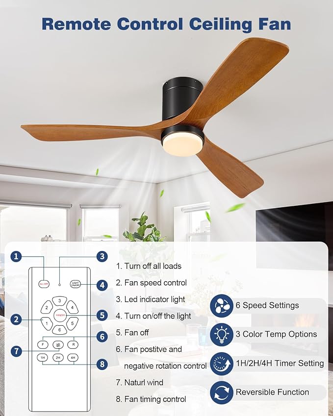 60 Inch Ceiling Fans with Lights Remote, 60" Flush Mount Outdoor Ceiling Fan Exterior, 3 Wood Blades, 6 Speeds, Timer, Quiet DC Motor Modern Low Profile Fan for Patio, 60in,Brown and Black