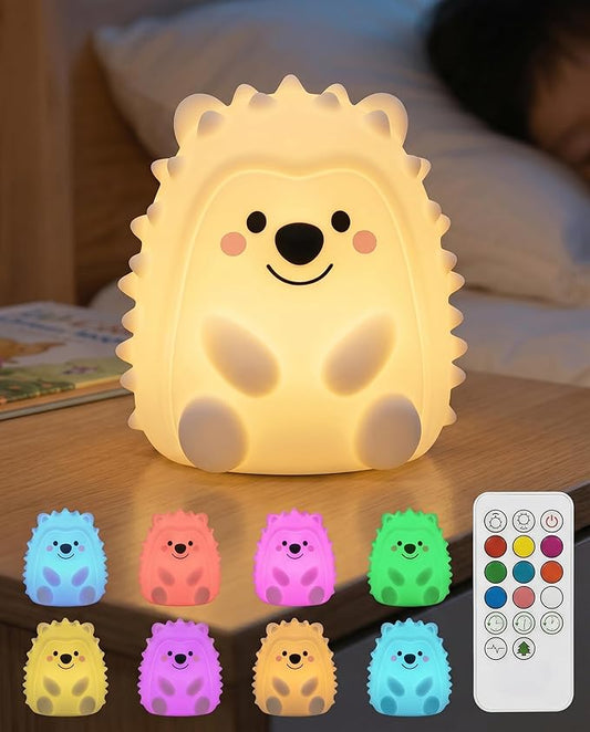 Hedgehog Night Light for Kids, 15/30/60m Timer Squishy Silicone Baby Lamp, Remote & Touch 8-Color BPA-Free Rechargeable Nursery Light for Breastfeeding Bedside Sleep Buddy Decor Gift