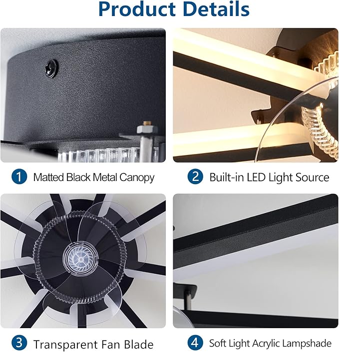 27" Black Straight Strip Ceiling Fan with Lights Remote Control, 3 Colors 6 Speeds Low Profile Ceiling Fan with Light for Kitchen Bedroom