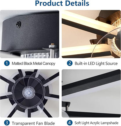 27" Black Straight Strip Ceiling Fan with Lights Remote Control, 3 Colors 6 Speeds Low Profile Ceiling Fan with Light for Kitchen Bedroom