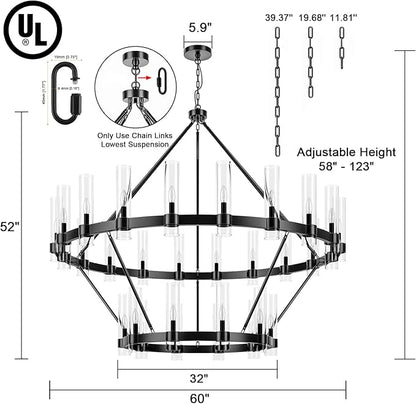 60 Inch Black Wagon Wheel Chandelier 2 Tier with Glass Shade, 30 Lights, Modern Farmhouse Style, Ideal for Dining Room, Kitchen, Entryways