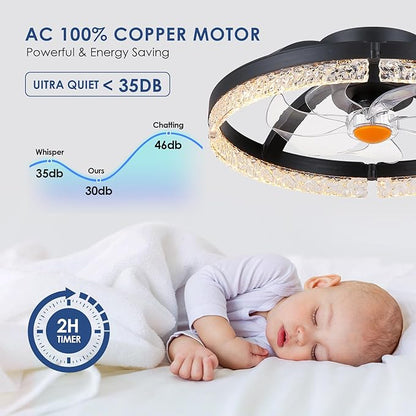 Mpayel 20" Ceiling Fans with Lights and Remote, Modern Low Profile Fandelier Ceiling Fan with Light, Quiet DC Motor, 6 Speeds, 3CCT Dimmable Bladeless Flush Mount LED Fan Light for Kids Room, Bedroom