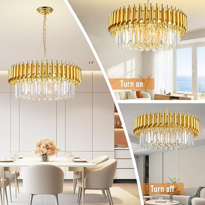 24" Gold Crystal Chandeliers for Dining Room Contemporary Round Ceiling Pendant Light Fixtures 5-Tier 8 Lights K9 Crystal Large Flush Mount Chandelier for Foyer Living Room Staircase