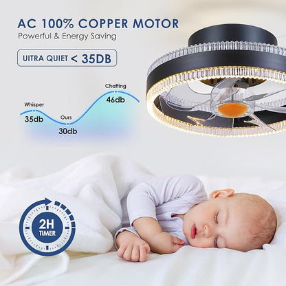 Mpayel Flush Mount Ceiling Fans with Lights - RGB Low Profile Ceiling Fan,13" Small Dimmable LED Bladeless Ceiling Fans, Modern Enclosed LED-RGB Ambient Light for Bedroom, Kids Room, Party