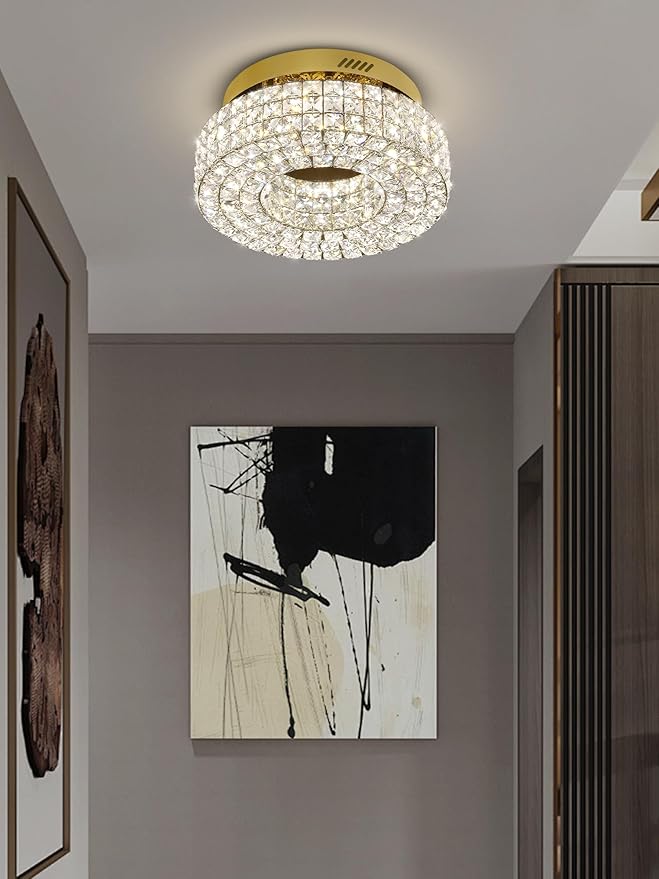 ykolupty 16" Crystal Chandeliers,Round Chandelier for Living Room Modern Crystal Ceiling Light Fixture for Foyer Bedrooms Dining Room Hallway Gold
