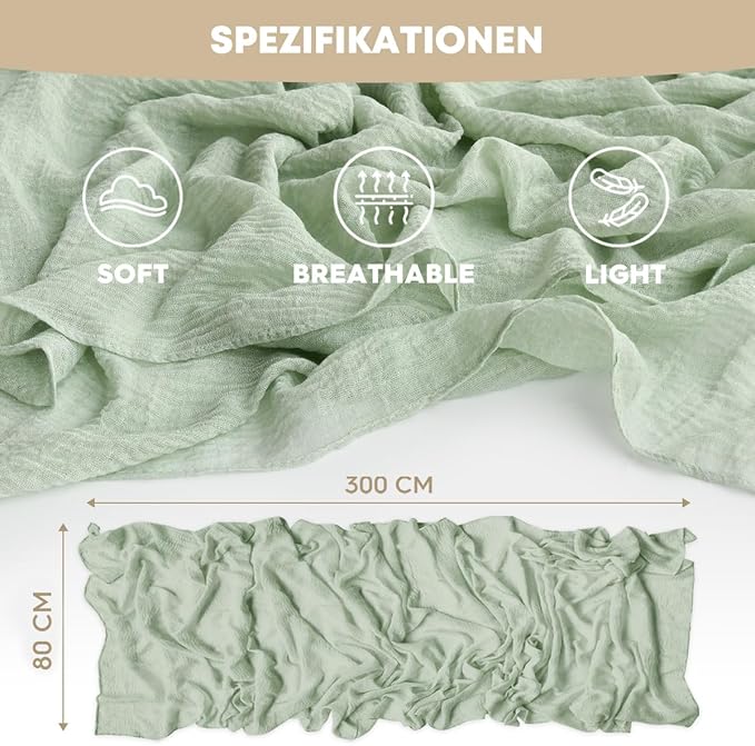 Artoid Mode Boho Sage Green Gauze 6 Pieces Wedding Table Runner, 120 Inch Seasonal Fabric Kitchen Dining Holiday Table Decor for Home Party Indoor