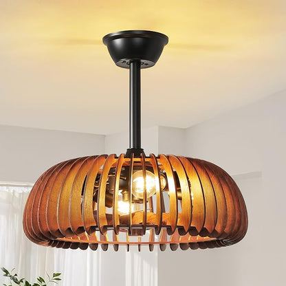 20'' Caged Ceiling Fan with Light, Wooden Low Profile Ceiling Fan with Light and Remote, 6 Speed and Reversible, Farmhouse Fandelier Bladeless Fan Lights for Bedroom, Kitchen
