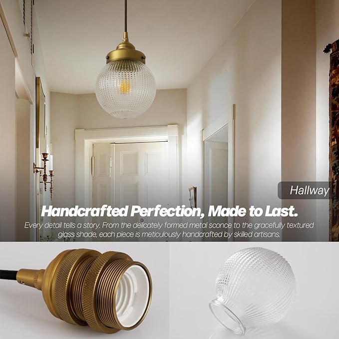Vintage Ceiling Pendant Light with Clear Ribbed Glass Lampshade, Farmhouse Kitchen Island Hanging Light Fixture for Dining Room Hallway Entryway