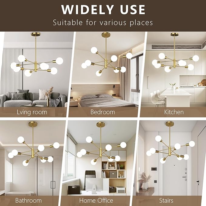 Gold Modern Sputnik Chandelier 8-Lights Mid Century Chandeliers Flush Mount Sputnik Lights Fixture for Dining Room, Living Room,Kitchen Island Height Adjustable (Bulbs Not Included)