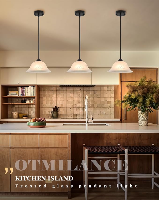 Kitchen Pendant Lights Over Island, 11.8 Inch Frosted Glass Pendant Lights with Rod, Alabaster Glass Kitchen Pendant 1-Pack, Black Farmhouse Hanging Pendant Light for Kitchen, Bar, Cafe