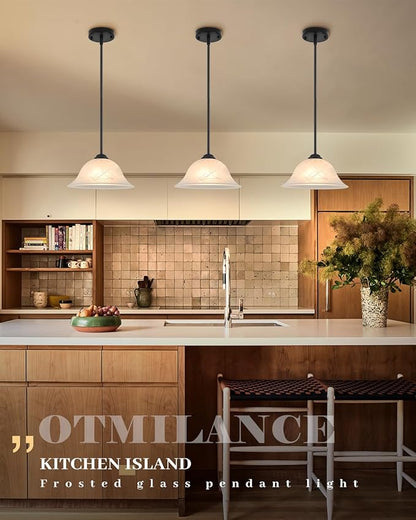 Kitchen Pendant Lights Over Island, 11.8 Inch Frosted Glass Pendant Lights with Rod, Alabaster Glass Kitchen Pendant 1-Pack, Black Farmhouse Hanging Pendant Light for Kitchen, Bar, Cafe