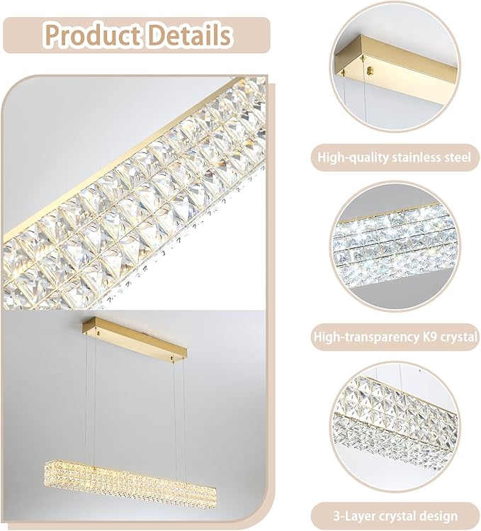 ykolupty Rectangle Crystal Chandelier Modern Gold Crystal Chandelier Rectangular Pendant Lighting Fixture for Dining Room Kitchen Island Bedroom (L 40")