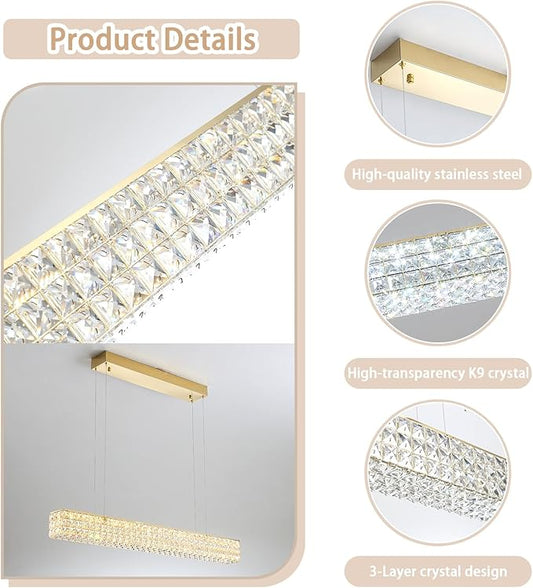 ykolupty Rectangle Crystal Chandelier Modern Gold Crystal Chandelier Rectangular Pendant Lighting Fixture for Dining Room Kitchen Island Bedroom (L 40")