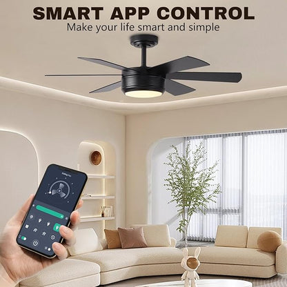 SHOWDI Ceiling Fan with Lights and Remote, 6 Blade App Control Timer Reversible Stepless Brightness and Color Temperature Outdoor Wood Ceiling Fan with Lights (Black, 42 Inch)