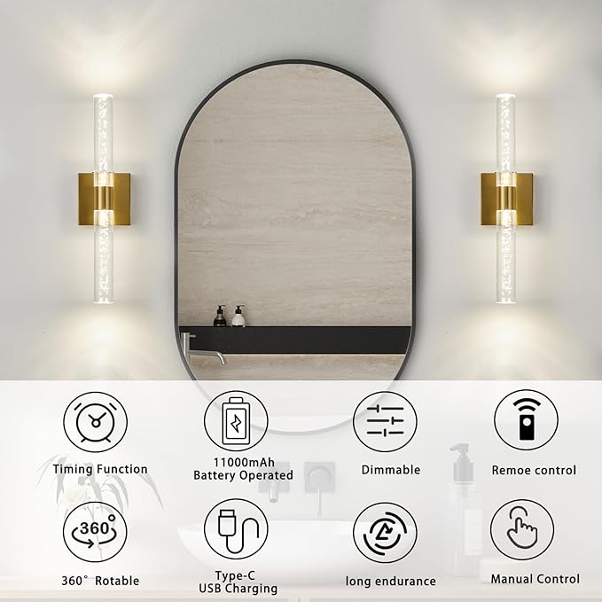 Battery Operated Wall Sconce Set of Two, Rechargeable Modern Crystal Bathroom Sconces, 3000K-6000K Dimmable Gold LED Wireless Wall Lights for Vanity Bedroom Living Room Hallway