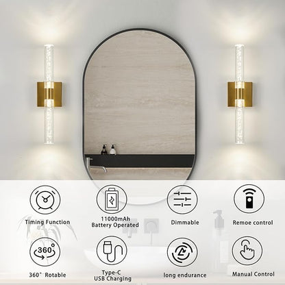 Battery Operated Wall Sconce Set of Two, Rechargeable Modern Crystal Bathroom Sconces, 3000K-6000K Dimmable Gold LED Wireless Wall Lights for Vanity Bedroom Living Room Hallway