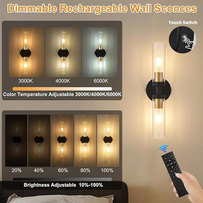 Battery Operated Wall Sconces Set of 2, 330° Rotation 3000K-6000K Dimmable Wireless Wall Sconce with Clear Glass Black Gold 10400mAh USB Rechargeable Wall Lights with Remote Bulbs Included 2 Pack