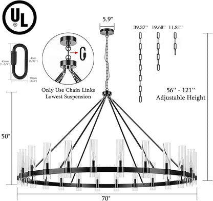 70 Inch Black Wagon Wheel Chandelier with Glass Shade, 24 Lights, Modern Farmhouse Style, Ideal for Dining Room, Kitchen, Entryways