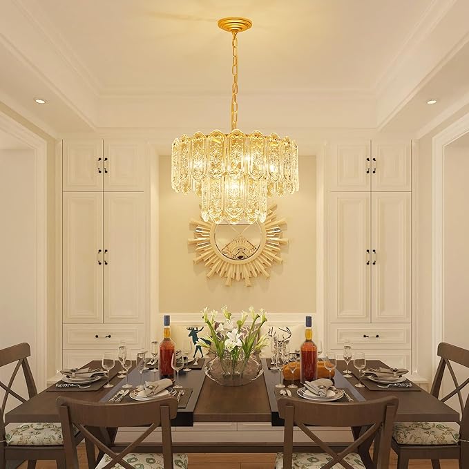 5-Lights Luxury Glass Chandeliers, Mid-Century Modern Chandeliers for Dining Room, D18.5'' × H18.9'', Adjustable Height (18.9"~51.2"), Gold Finish Frame & Double Figured Glass Shade