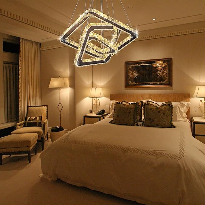 Modern Crystal Chandelier LED Ceiling Light, Square 3-Ring Height Adjustable 47W K9 Crystal Pendant for Dining Room, Living Room, Bedroom, Foyer, Warm White 3000K