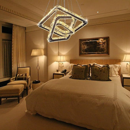 Modern Crystal Chandelier LED Ceiling Light, Square 3-Ring Height Adjustable 47W K9 Crystal Pendant for Dining Room, Living Room, Bedroom, Foyer, Warm White 3000K