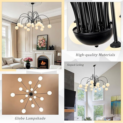 CATINER Modern Black Sputnik Chandeliers Extra Large 18 Lights L59”Mid Century Ceiling Pendant Lighting Fixture with Milk Glass Globe Shades for High Ceiling Living Room Foyer Staircase