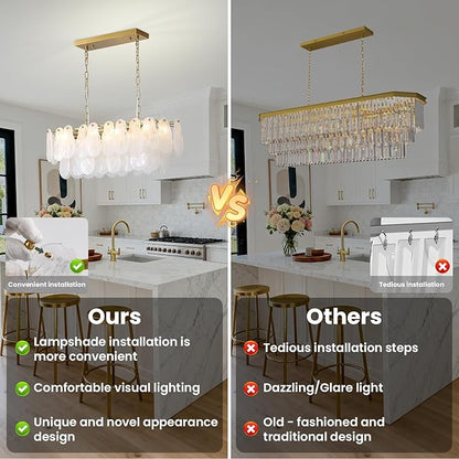 KELUOLY Modern Glass Chandelier 8-Light Rectangle Gold Brass Chandelier Luxury Oval 2-Tiers Crystal Cloud Glass Pendant Ceiling Light for Dining Room Living Room Kitchen Island L31.5'' (E12)