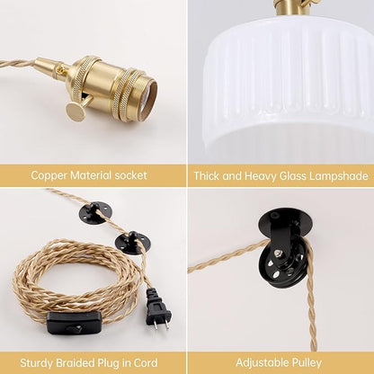Shenmoyl Plug in Pendant Light Hanging Light Fixture Corded On/Off Switch Brass Pendant Light with White Striped Glass Lampshade for Bedroom Living Room Kitchen Island