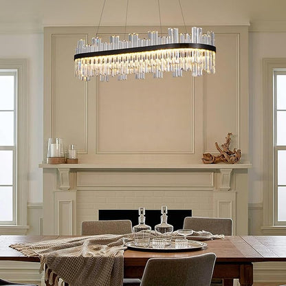 Modern Rectangular Crystal Led Chandelier: 39.3" Black Linear Large Clear Crystals Chandeliers - Luxury Rectangle Contemporary Ceiling Chandelier - Decorated Long Chandeliers for Living Room Bedroom