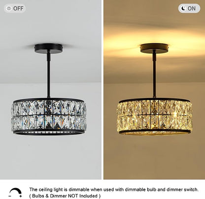 Rpzloila 3-Light Crystal Ceiling Light, Modern Semi Flush Mount Ceiling Light, Black Crystal Chandelier for Kitchen Bedroom Bathroom Entryway Hallway