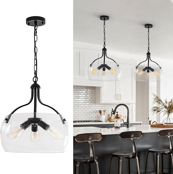 3-Lights Modern Pendant Lights Kitchen Island, Matte Black Hanging Light Fixtures with 15.8" Clear Glass Shade, Industrial Hanging Chandelier for Kitchen Entryway Bedroom Foyer