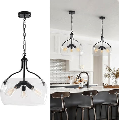 3-Lights Modern Pendant Lights Kitchen Island, Matte Black Hanging Light Fixtures with 15.8" Clear Glass Shade, Industrial Hanging Chandelier for Kitchen Entryway Bedroom Foyer