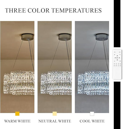 24’’ Crystal LED Chandelier with Remote Control Dimmable 3000-6500K Contemporary Luxury Chandeliers Modern Chrome Light Fixture for Dining Living Room Kitchen Island Foyer Entryway