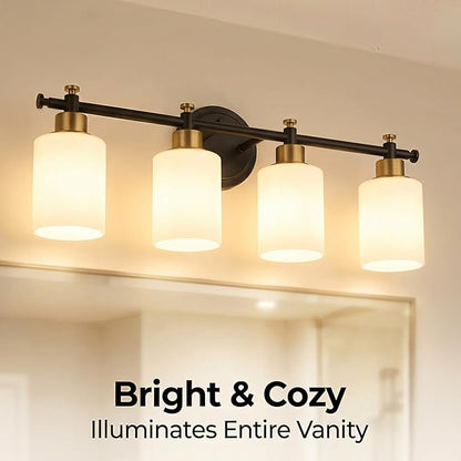 4-Light Bathroom Vanity Light, Modern Black and Gold Vanity Lights for Bathroom, White Frosted Glass Shades, Anti-Rust Vanity Light Fixture over Mirror, 23 Inch (Bulbs Not Included, E26 Base)