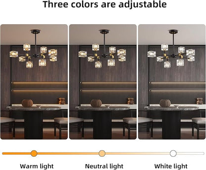 Black Sputnik Chandelier,Crystal Chandeliers with 8-Lights,Modern Semi Flush Mount Ceiling Light Fixture with Adjustable Height,Pendant Light Fixture for dining room,kitchen island,bedroom,living room
